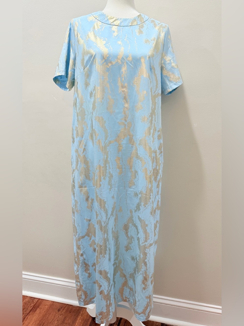 Light Blue & Gold Short Sleeve Maxi Dress